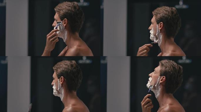 男人刮脸外国男人刮胡子实拍素材