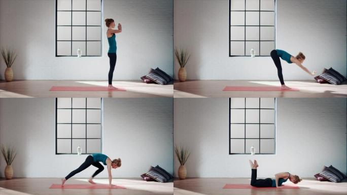 女人在健身房练习瑜伽 (太阳致敬)
