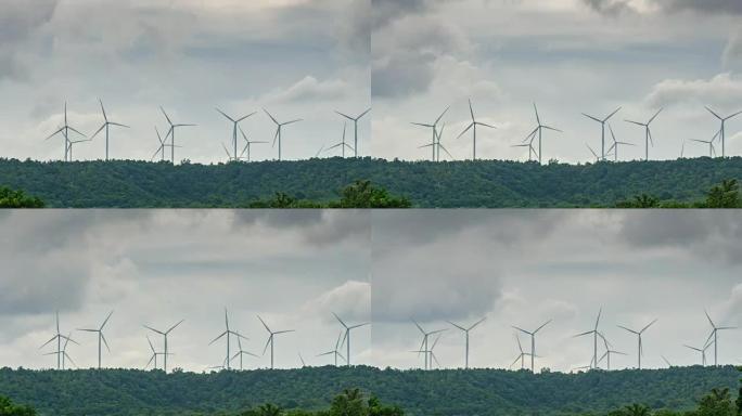 蓝天和云中的风力涡轮机的时间流逝，能源概念