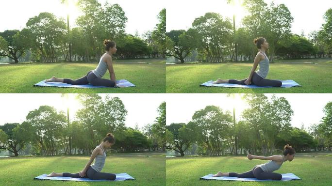 年轻的亚洲女性户外瑜伽在练习瑜伽的同时保持冷静和冥想，探索内心的平静。瑜伽和冥想对健康有很好的好处。