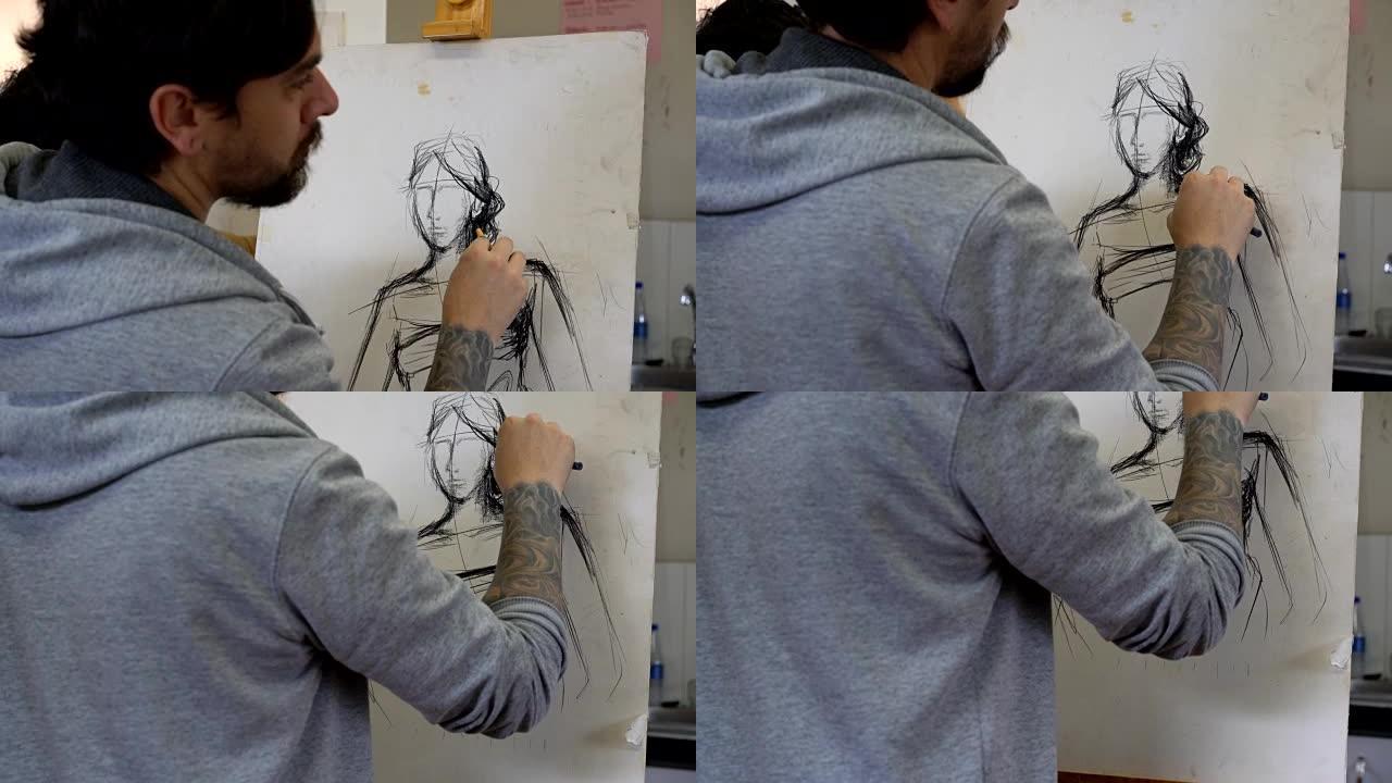 男学生在看女模特时用木炭在画布上画画的特写