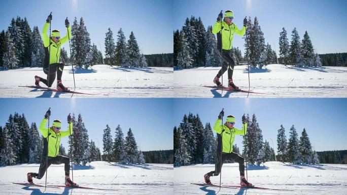 越野滑雪运动员在比赛前进行热身和伸展运动