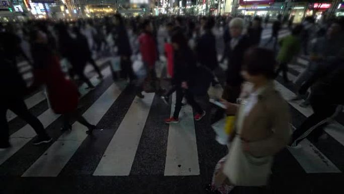 日本涩谷，晚上在城市街道上穿行的人群