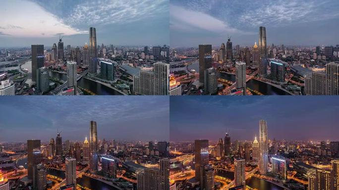 奇妙城市场景的T/L WS HA ZI鸟瞰图，昼夜过渡/中国天津