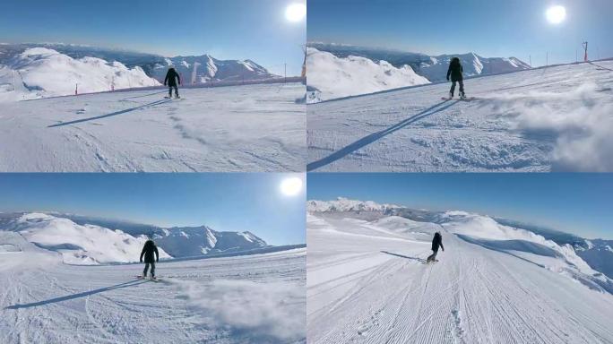 跟随: 灿烂的冬日阳光照在空旷的斜坡上的女子滑雪板上。