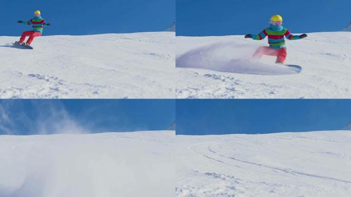 SLO MO滑雪者向相机喷洒雪
