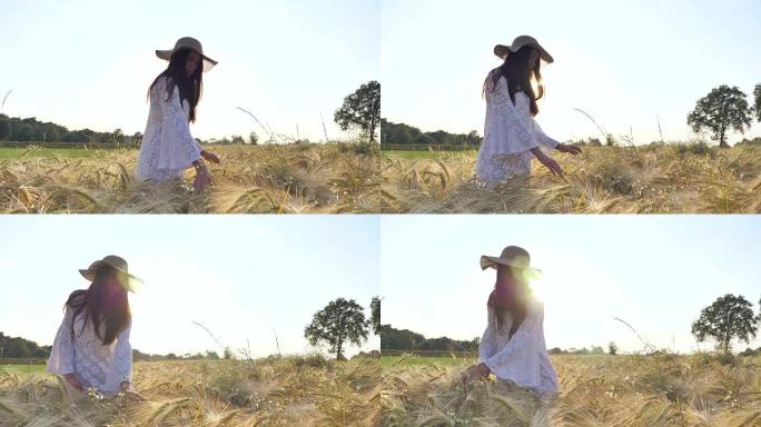 草地上的农民快乐女孩向周围的大自然展示了幸福。