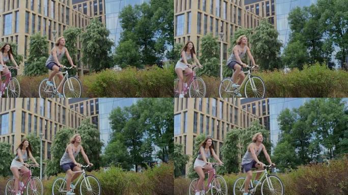 情侣在城市里骑自行车