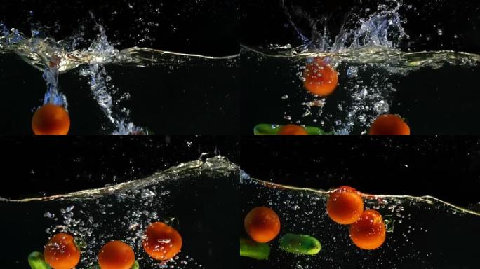 西红柿和黄瓜被扔进一个盛水的容器里。慢动作视频。