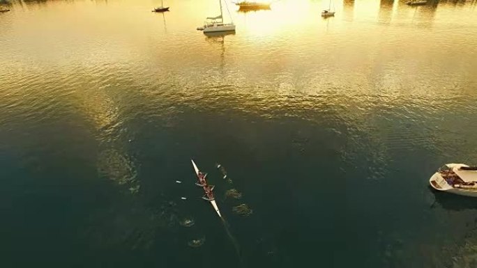 空中四人双桨在海湾划船