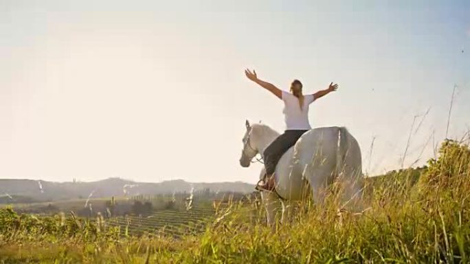 SLO MO女骑马者享受大自然的自由