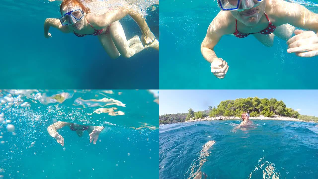POV年轻女子在亚得里亚海浮潜