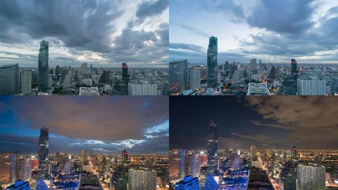 曼谷中央商务区的天际线，倾斜时间Lape，日夜时间推移，曼谷地标