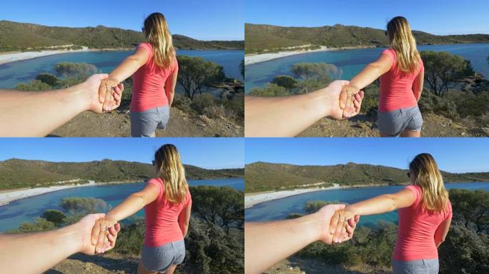 POV: 面目全非的女人在走向海滩时牵着你的手。