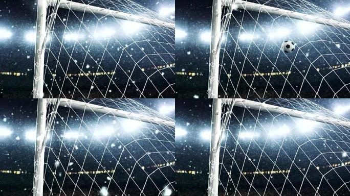 下雪时飞入专业足球场横杆的球的镜头