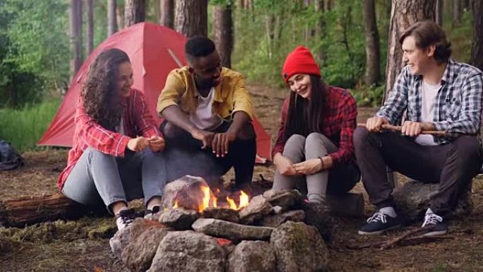 多民族朋友的游客围坐在火旁聊天，年轻人在火焰中扔柴火。露营、友谊和自然概念。