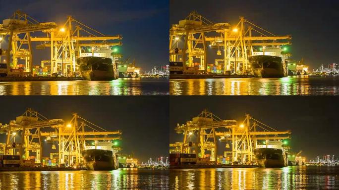 东南亚夜间工业港口与集装箱船和货船的延时