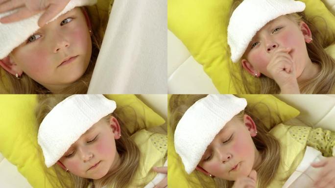 生病躺在床上的小女孩。