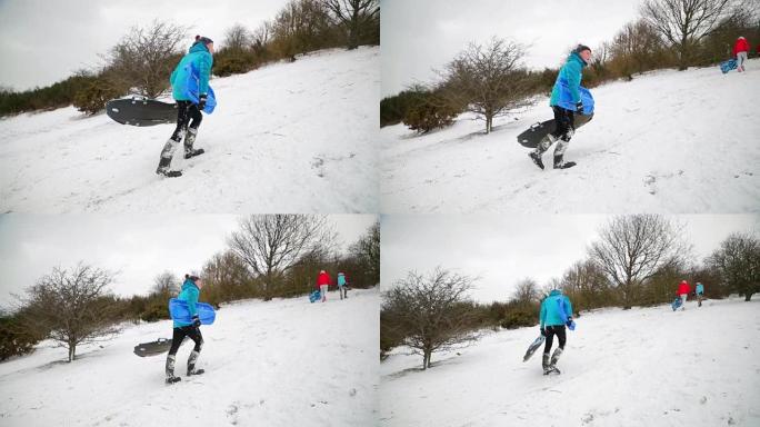 十几岁的男孩在雪地里漫步