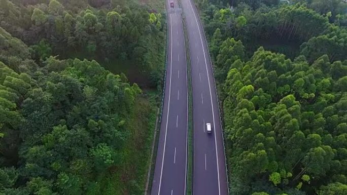树林中高速公路上方的空中无人机视图