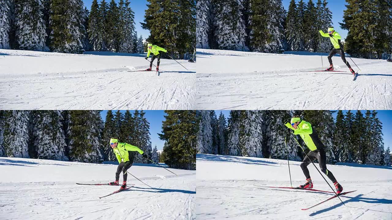男子越野滑雪运动员全动力滑冰鞋上坡滑雪