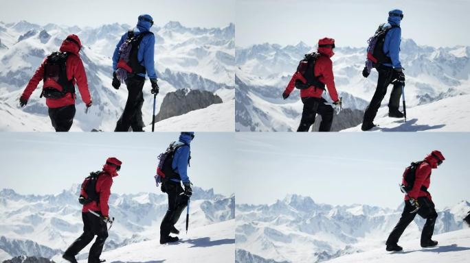 登山者在白雪覆盖的山上行走
