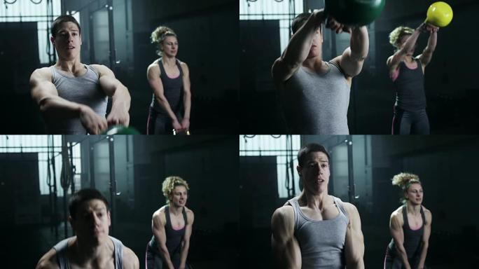 男人和女人在健身房用壶铃锻炼