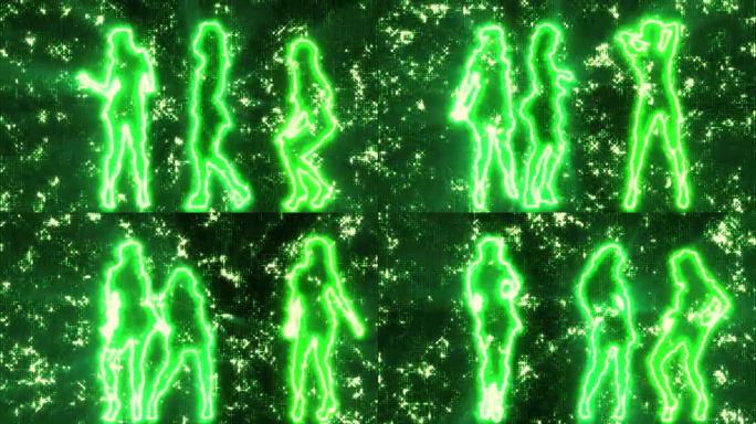 三个性感女孩在迪斯科背景绿色的剪影中跳舞