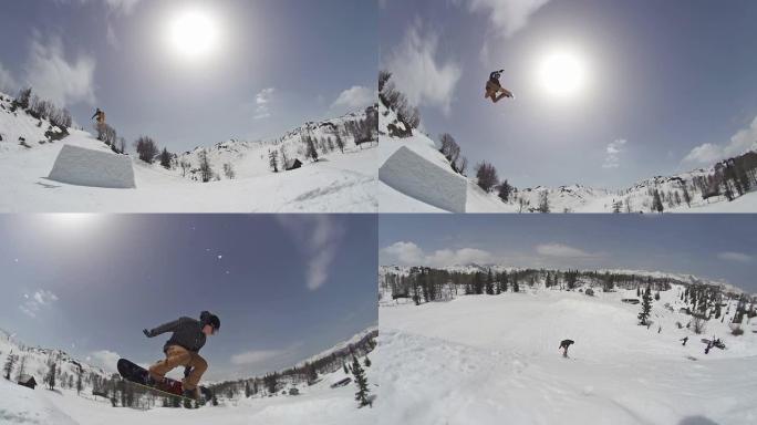滑雪者跳过摄像机飞越翻越升格慢镜头意境
