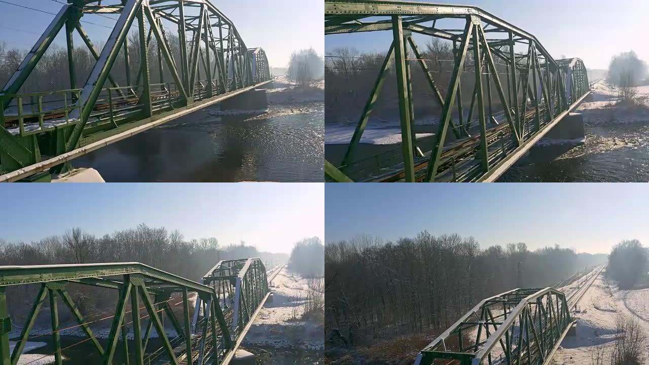 河上的空中铁路桥跨江大桥地标建筑冬季景色