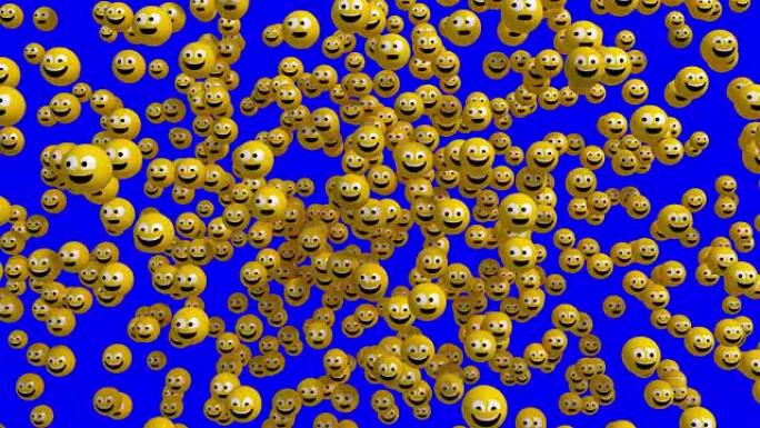 4K. 3D面部图标爆炸。表情符号出现在恐惧的脸上，环顾四周，冷静下来并微笑。蓝屏。
