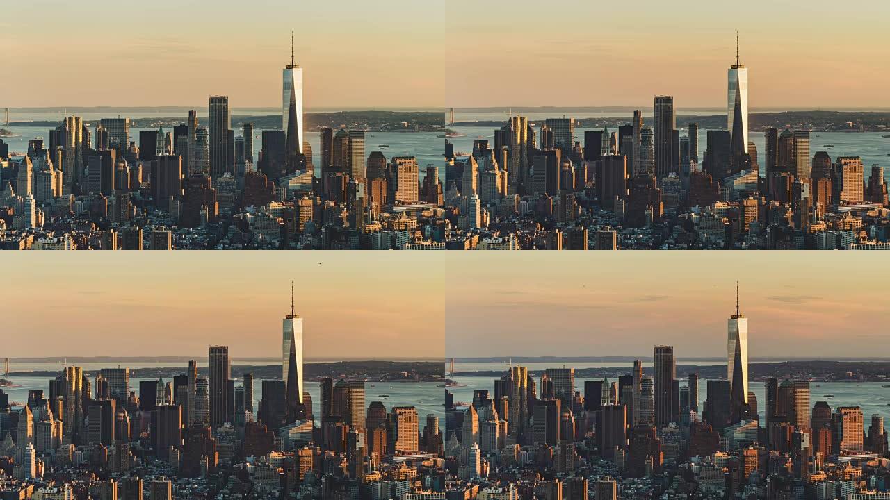日落时曼哈顿繁华城市景观的T/L HA鸟瞰图
