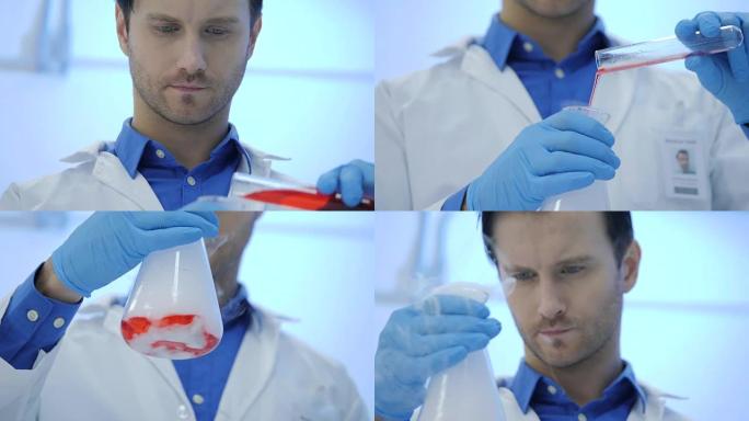 男性医学研究科学家在烧杯中混合吸烟液体