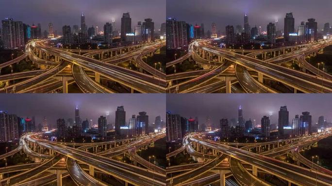 延时-延安桥 (WS LR Pan) 夜间繁忙路口的鸟瞰图