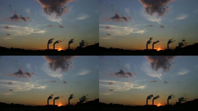 日落时的发电厂黄昏下的发电厂发电厂剪影