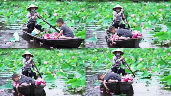 越南男孩在传统木船上玩粉红色莲花花瓣的4k镜头，妈妈在越南同塔省Thap Muoi的大湖中paddi
