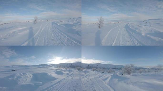 POV在Kirkenes镇附近的雪地中行走