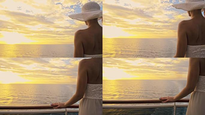 SLO MO时尚女人在船上享受日落