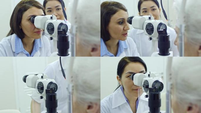 眼保健专家与患者一起工作
