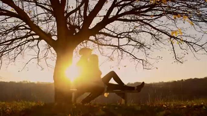 日落时分坐在树下的浪漫情侣
