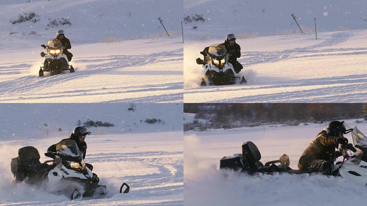 SLO MO年轻人驾驶雪地摩托超速行驶