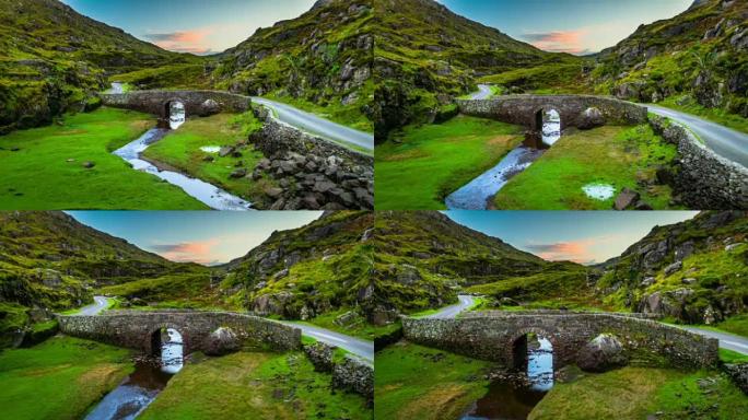 爱尔兰景观与老石桥在Dunloe-Aerial的间隙