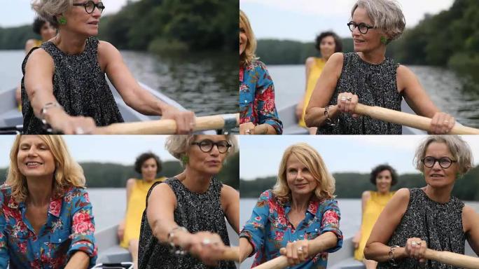 女性朋友假期在湖里划船
