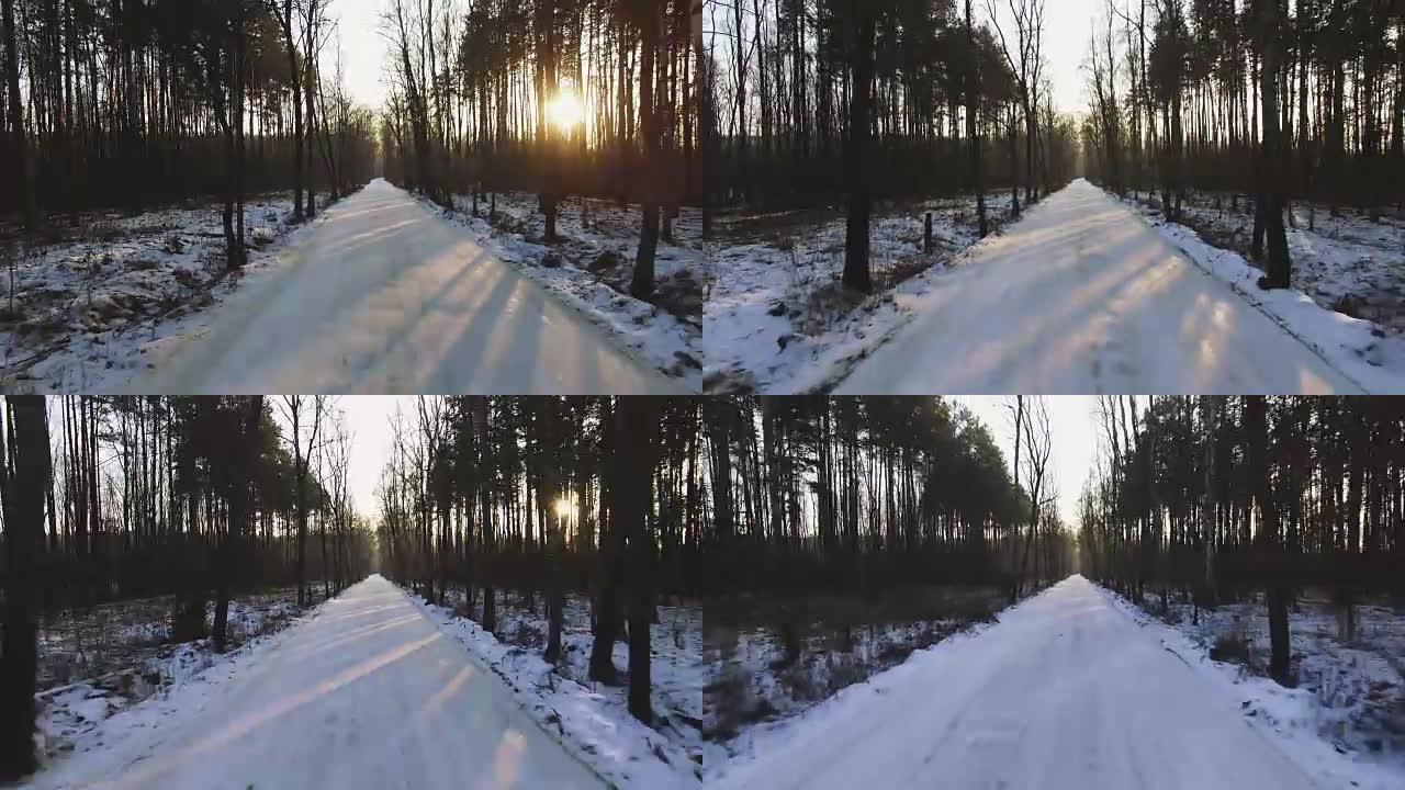 冬季白雪皑皑森林的高角度视图。积雪铺在地面上