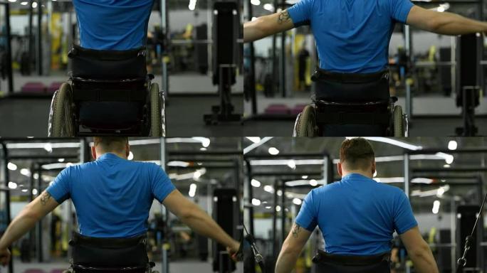 男子在健身房的有线电视机上进行轮椅训练
