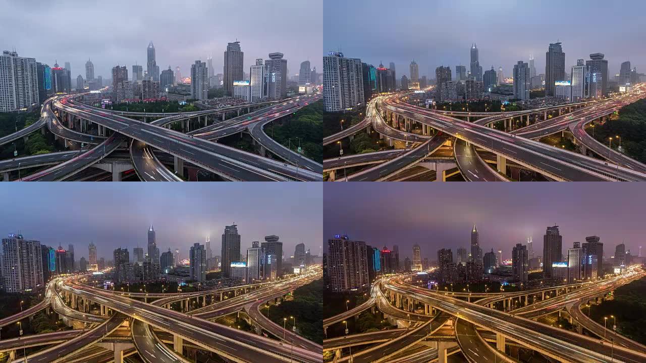 延时-从白天到晚上，上海繁忙的立交桥的鸟瞰图 (WS HA缩小)