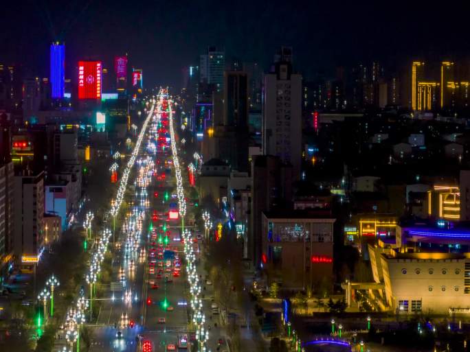 聊城城市东昌路夜景航拍延时