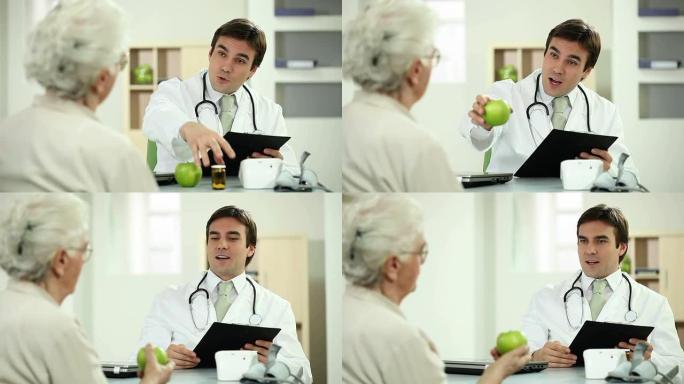 医生拿着药丸，给病人一个苹果。