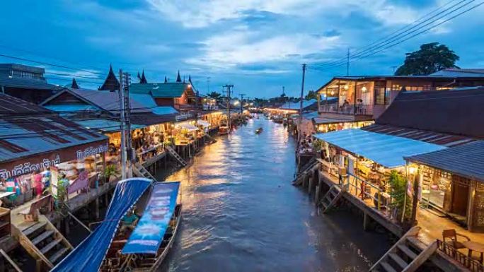 黄昏的浮动市场，泰国的Amphawa浮动市场
