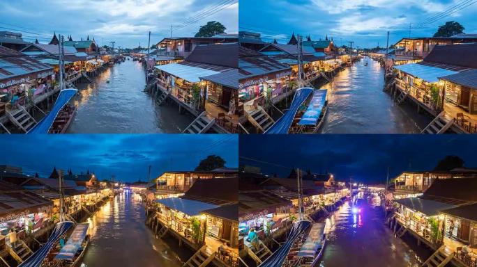 黄昏的浮动市场，泰国的Amphawa浮动市场